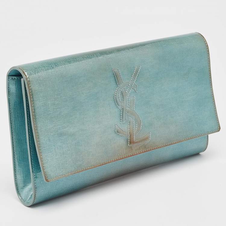 Pre Owned Yves Saint Laurent Blue Patent Leather Belle De Jour Flap Clutch