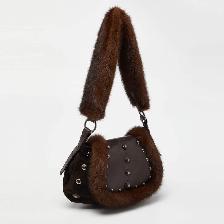 Pre Owned Yves Saint Laurent Dark Brown Suede, Leather and Mink Fur Studded Flap Hobo