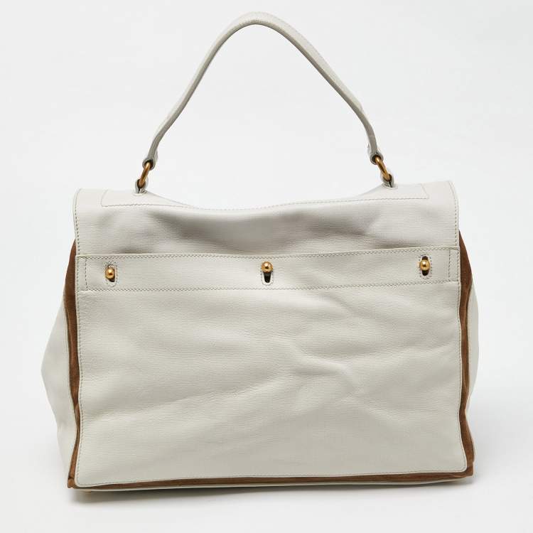 Pre Owned Yves Saint Laurent White/Brown Leather and Suede Large Muse Two Top Handle Bag