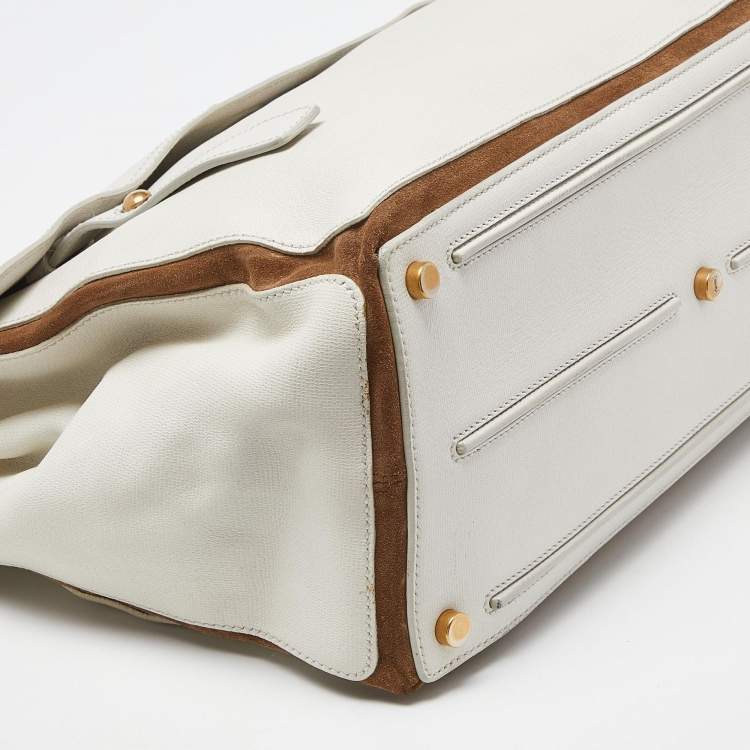 Pre Owned Yves Saint Laurent White/Brown Leather and Suede Large Muse Two Top Handle Bag