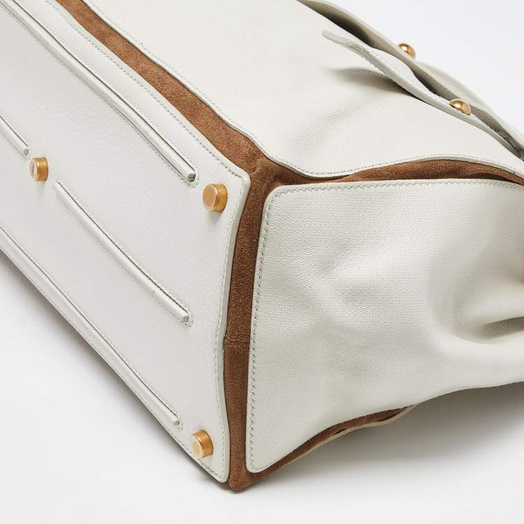 Pre Owned Yves Saint Laurent White/Brown Leather and Suede Large Muse Two Top Handle Bag