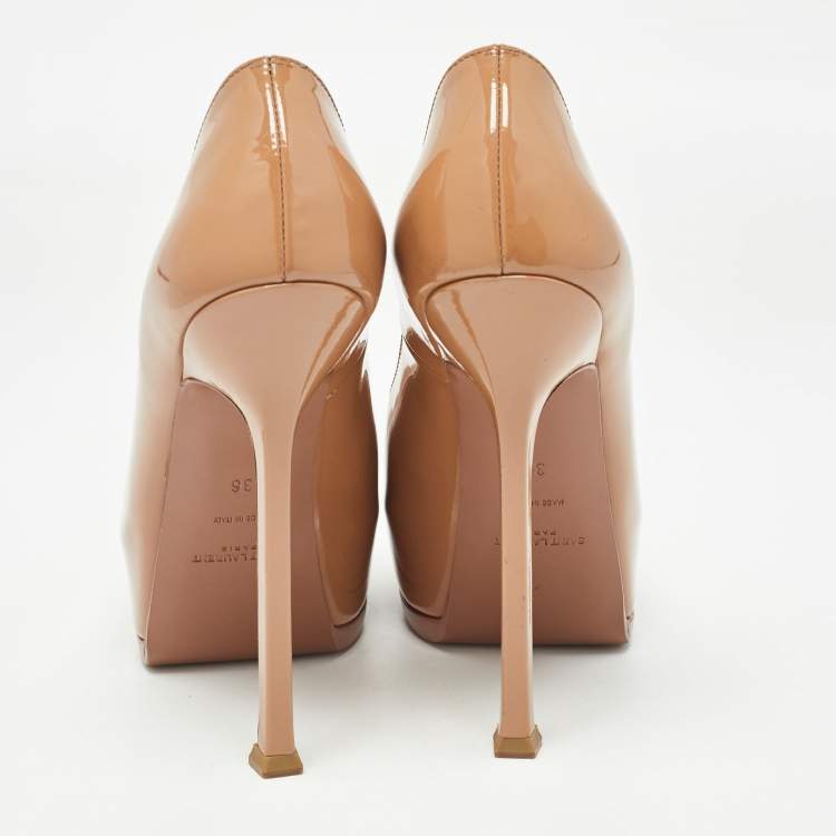Pre Owned Yves Saint Laurent Beige Patent Tribtoo Pumps Size 36