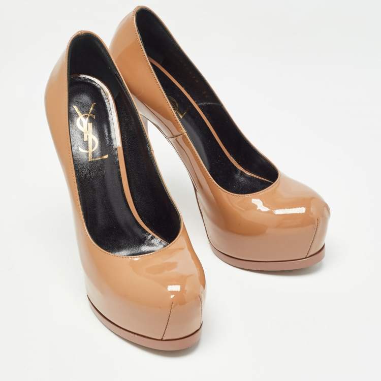 Pre Owned Yves Saint Laurent Beige Patent Tribtoo Pumps Size 36