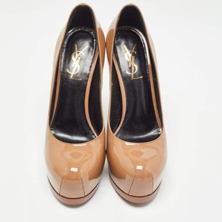 Pre Owned Yves Saint Laurent Beige Patent Tribtoo Pumps Size 36