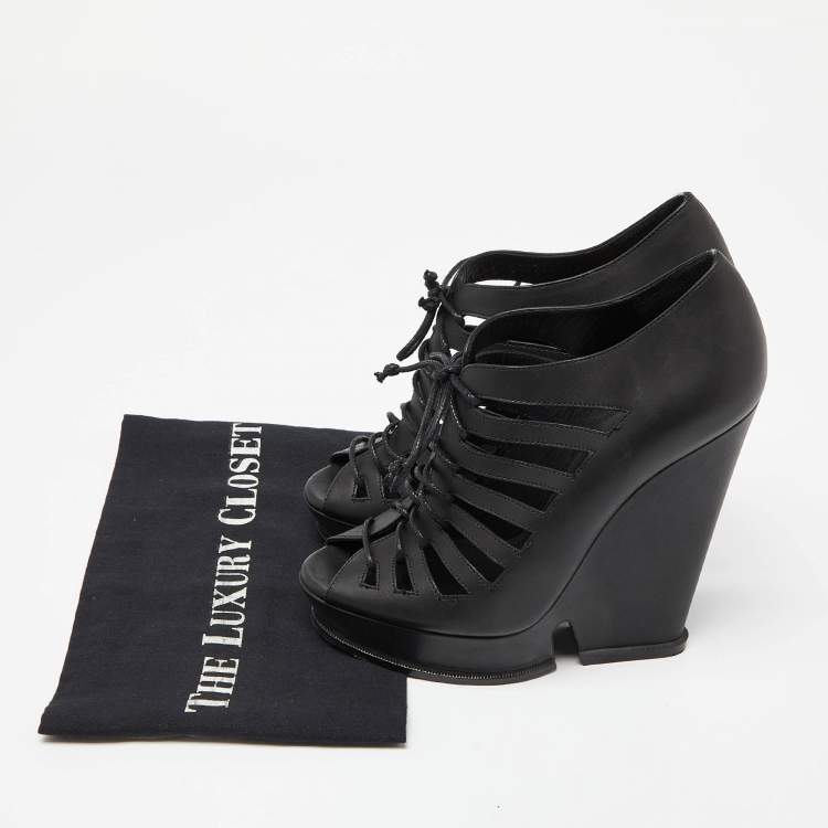 Pre Owned Saint Laurent Black Leather Cut Out Hortense Wedge Platform Booties Size 38.5