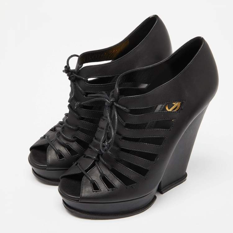 Pre Owned Saint Laurent Black Leather Cut Out Hortense Wedge Platform Booties Size 38.5