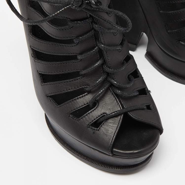 Pre Owned Saint Laurent Black Leather Cut Out Hortense Wedge Platform Booties Size 38.5