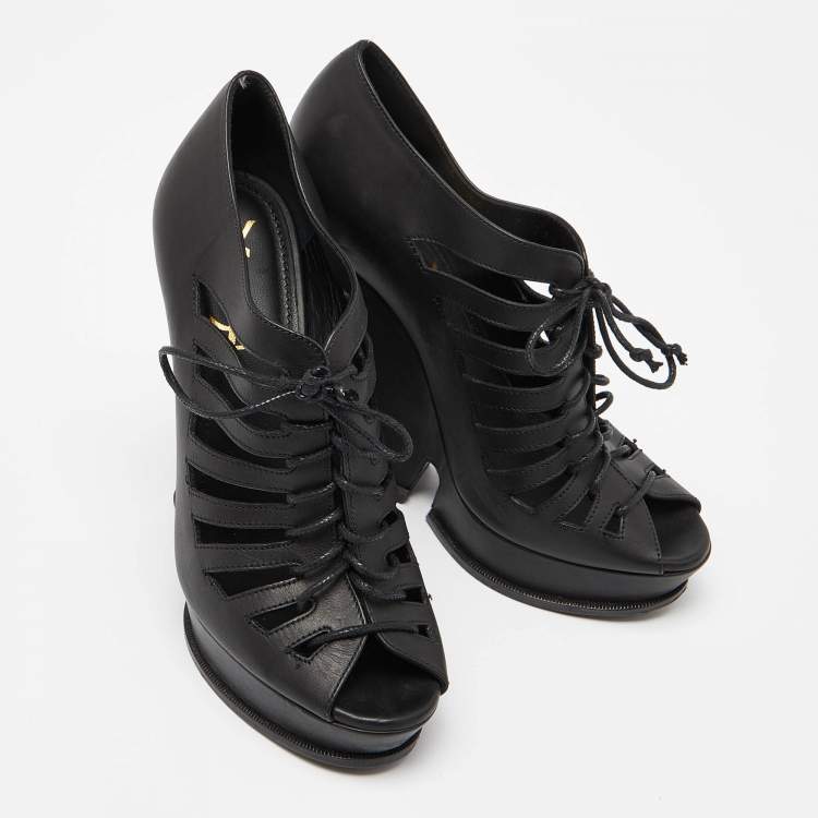 Pre Owned Saint Laurent Black Leather Cut Out Hortense Wedge Platform Booties Size 38.5