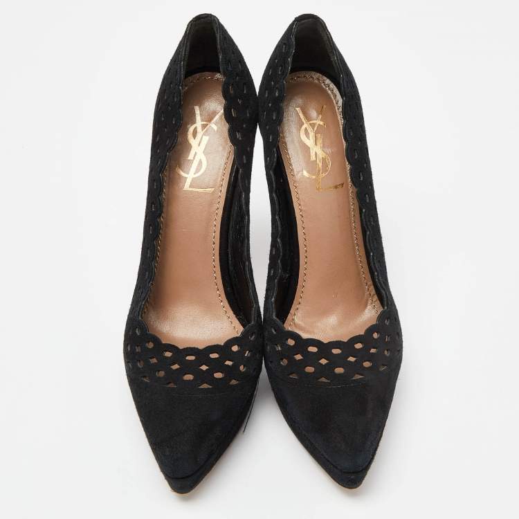 Pre Owned  Yves Saint Laurent Black Cut Out Suede Platform Pumps Size 38.5