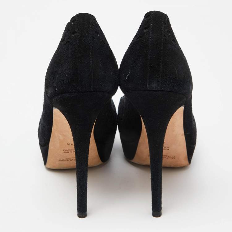 Pre Owned  Yves Saint Laurent Black Cut Out Suede Platform Pumps Size 38.5