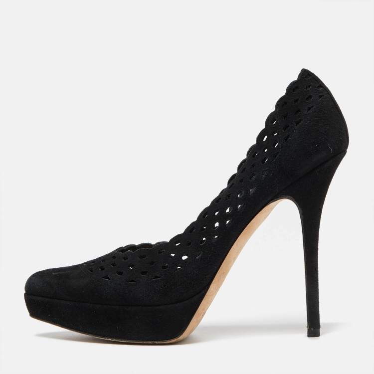 Pre Owned  Yves Saint Laurent Black Cut Out Suede Platform Pumps Size 38.5