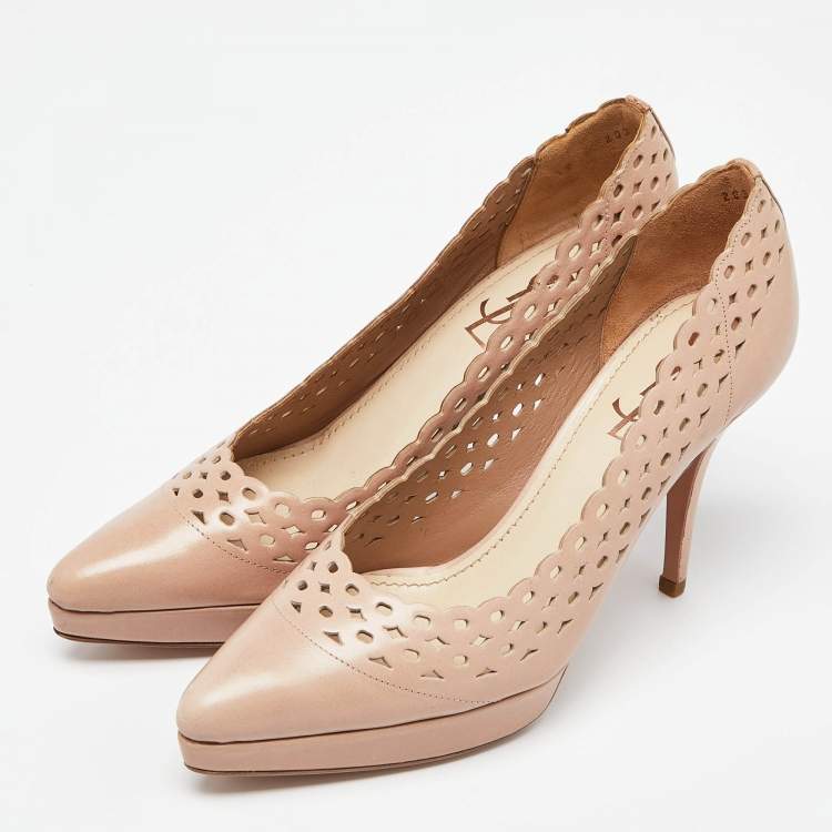 Pre Owned Yves Saint Laurent Pink Cut Out Leather Platform Pumps Size 38.5
