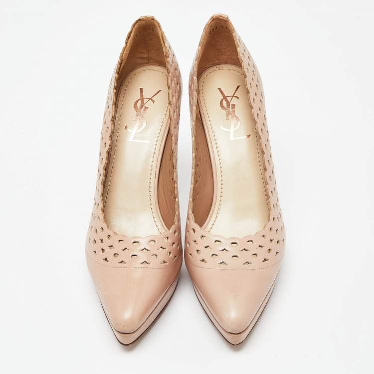 Pre Owned Yves Saint Laurent Pink Cut Out Leather Platform Pumps Size 38.5