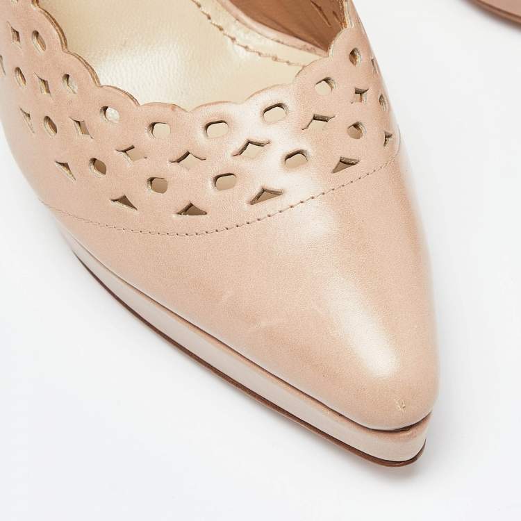 Pre Owned Yves Saint Laurent Pink Cut Out Leather Platform Pumps Size 38.5