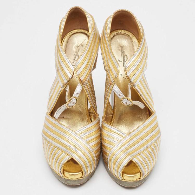 Pre Owned Yves Saint Laurent Gold/Silver Leather and Suede Peep Toe Wedge Pumps 37.5