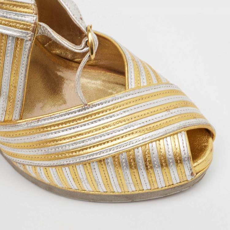 Pre Owned Yves Saint Laurent Gold/Silver Leather and Suede Peep Toe Wedge Pumps 37.5
