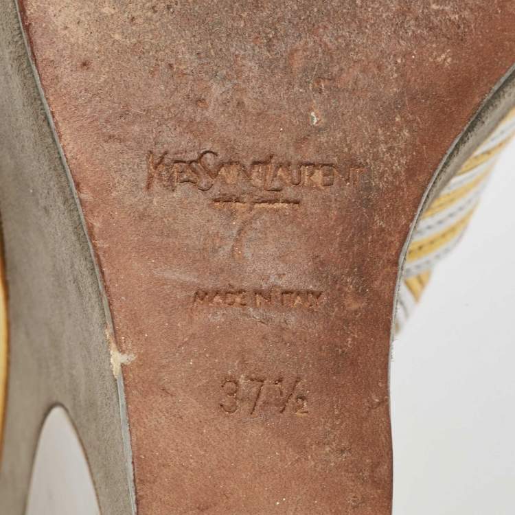 Pre Owned Yves Saint Laurent Gold/Silver Leather and Suede Peep Toe Wedge Pumps 37.5