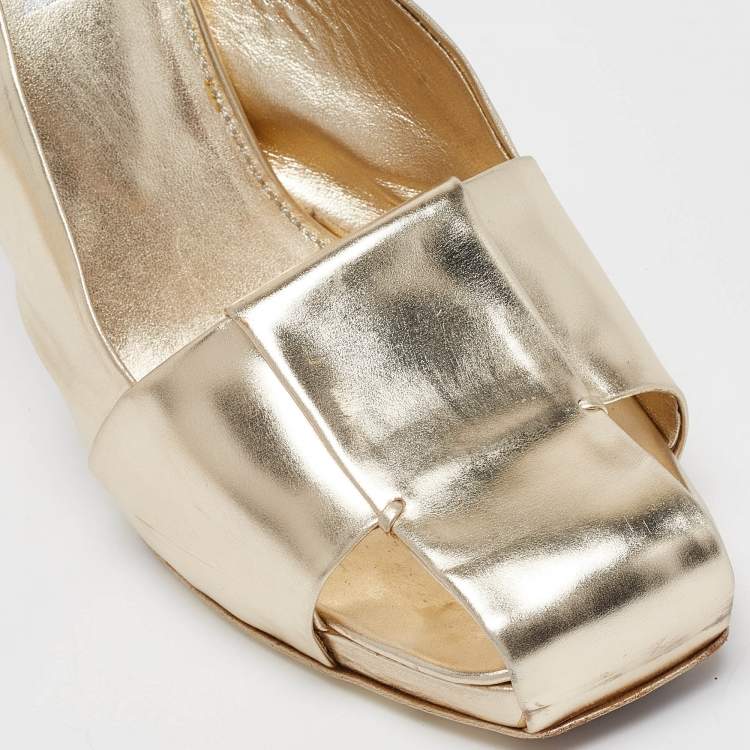 Pre Owned Yves Saint Laurent Gold Leather Cut Out Slingback Pumps Size 38