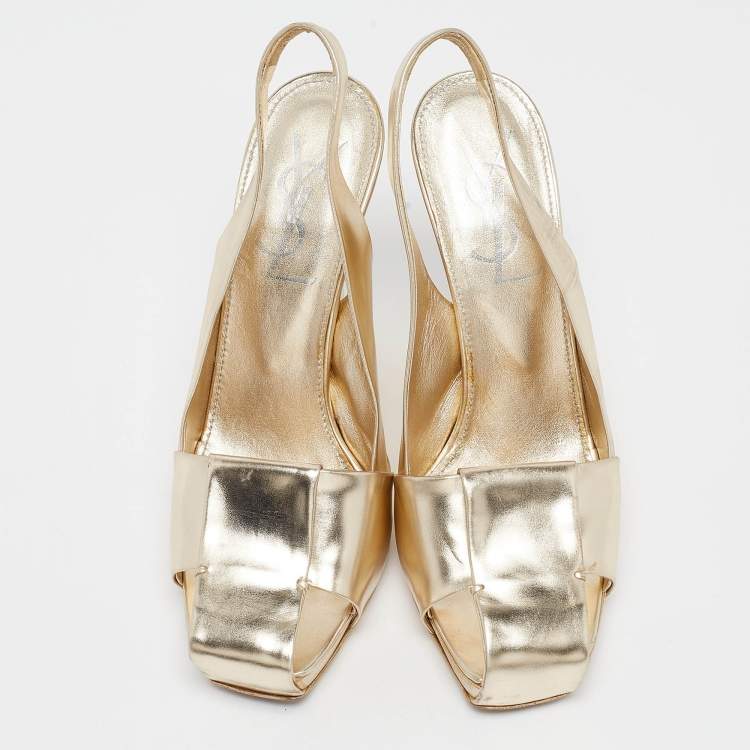 Pre Owned Yves Saint Laurent Gold Leather Cut Out Slingback Pumps Size 38
