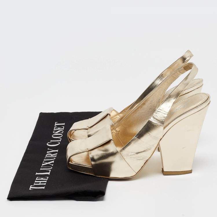 Pre Owned Yves Saint Laurent Gold Leather Cut Out Slingback Pumps Size 38