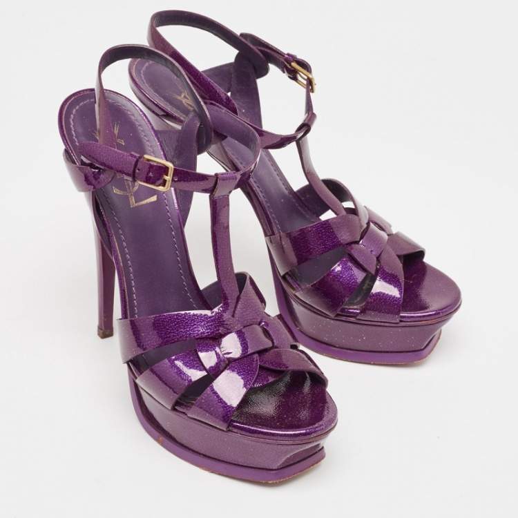 Pre Owned Yves Saint Laurent Purple Patent Leather Tribute Sandals Size 38.5