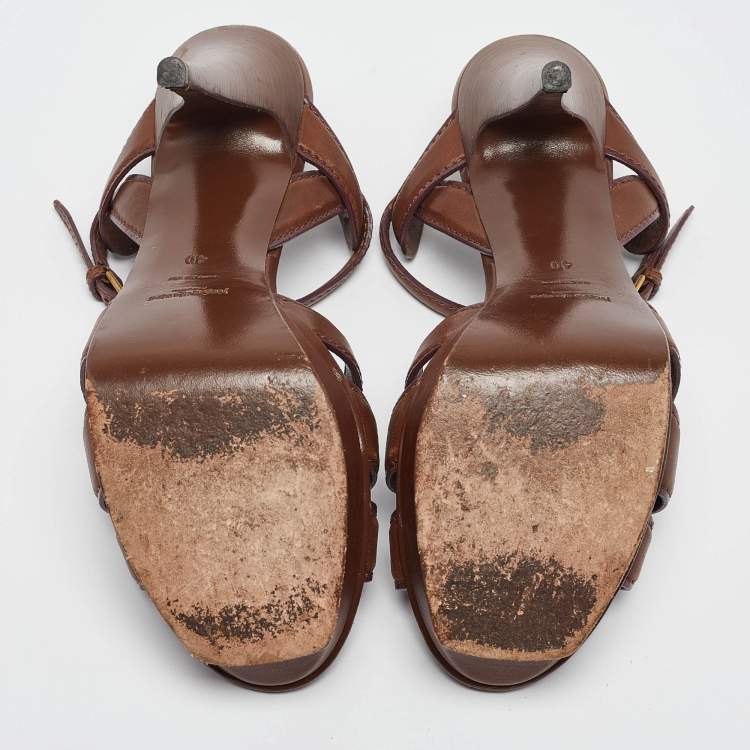 Pre Owned Yves Saint Laurent Brown Leather Tribute Sandals Size 40