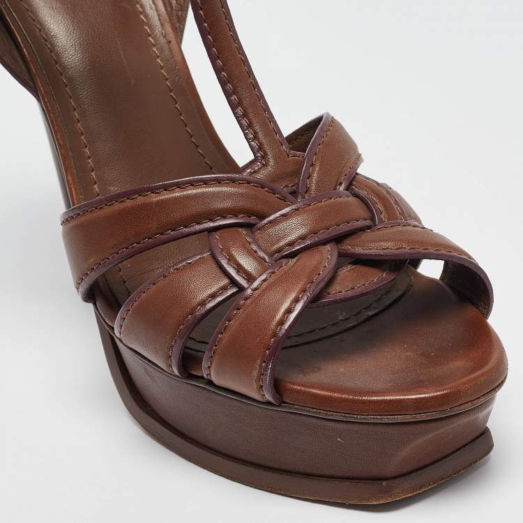 Pre Owned Yves Saint Laurent Brown Leather Tribute Sandals Size 40