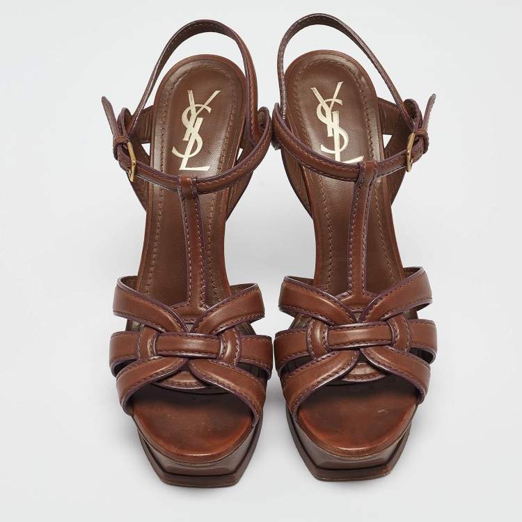 Pre Owned Yves Saint Laurent Brown Leather Tribute Sandals Size 40