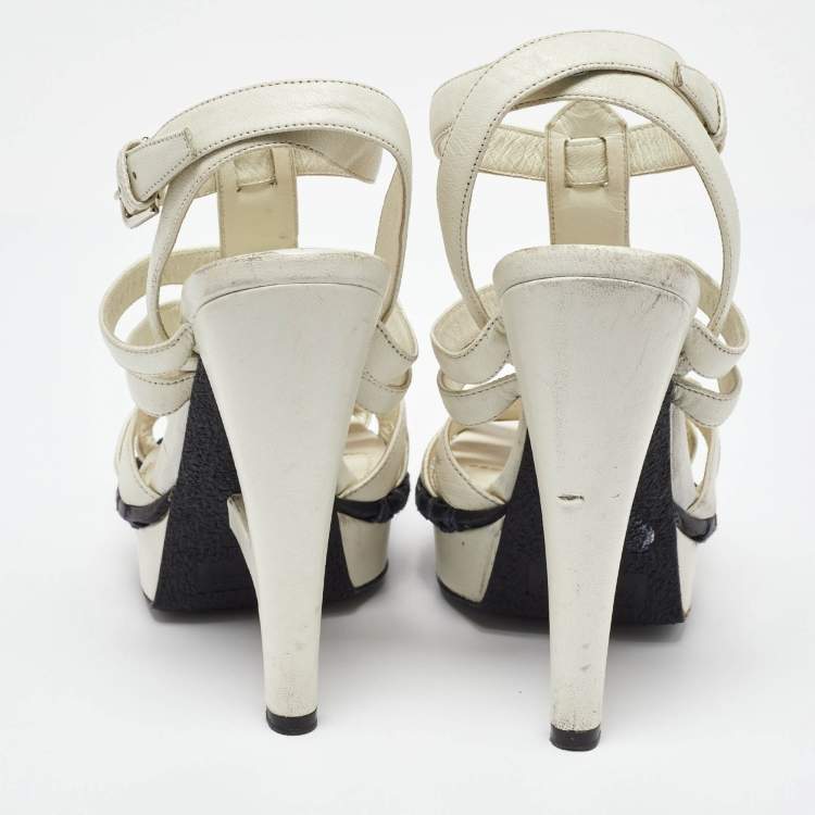 Pre Owned Yves Saint Laurent White Leather Strappy Platform Ankle Strap Sandals Size 37
