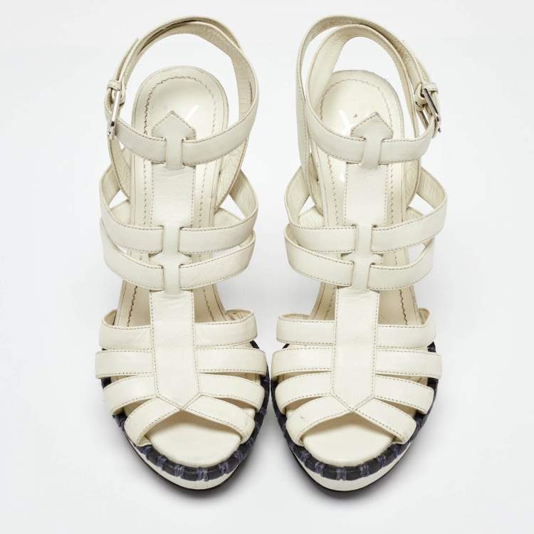 Pre Owned Yves Saint Laurent White Leather Strappy Platform Ankle Strap Sandals Size 37