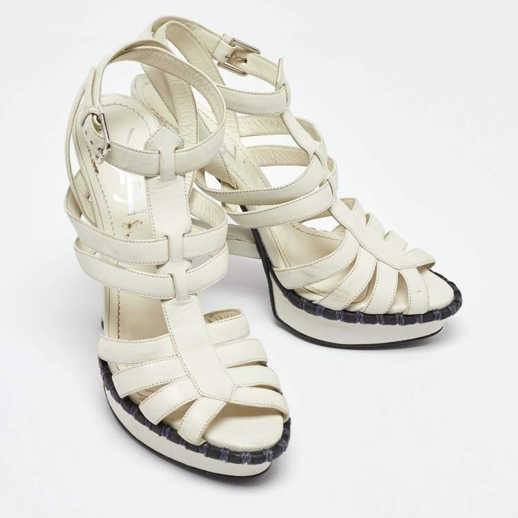 Pre Owned Yves Saint Laurent White Leather Strappy Platform Ankle Strap Sandals Size 37