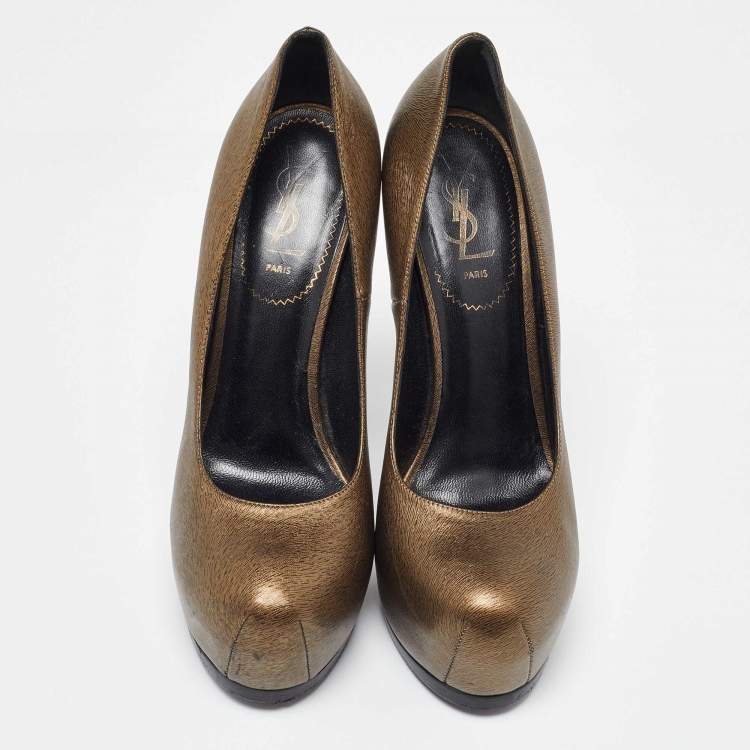 Pre Owned Yves Saint Laurent Gold Leather Tribtoo Platform Pumps Size 39