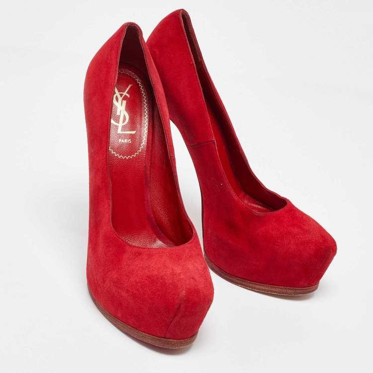Pre Owned Yves Saint Laurent Red Suede Tribtoo Pumps Size 39