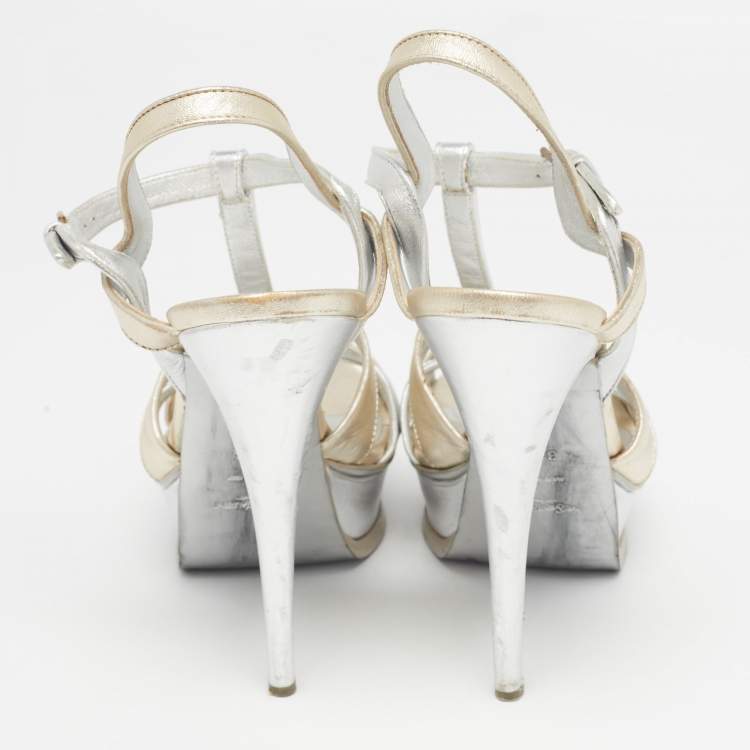 Pre Owned Yves Saint Laurent Silver Leather Tribute Sandals Size 39.5