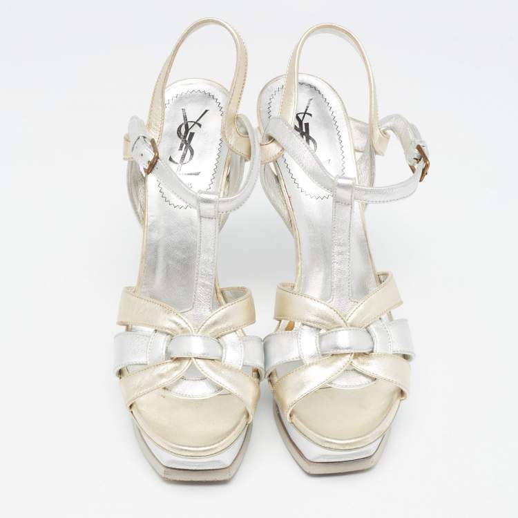 Pre Owned Yves Saint Laurent Silver Leather Tribute Sandals Size 39.5