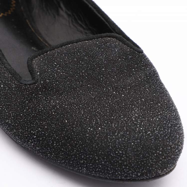 Pre Owned Yves Saint Laurent Black Glitter Smoking Slippers Size 34
