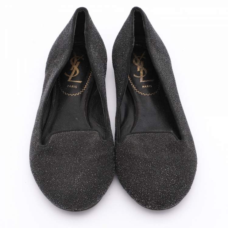 Pre Owned Yves Saint Laurent Black Glitter Smoking Slippers Size 34
