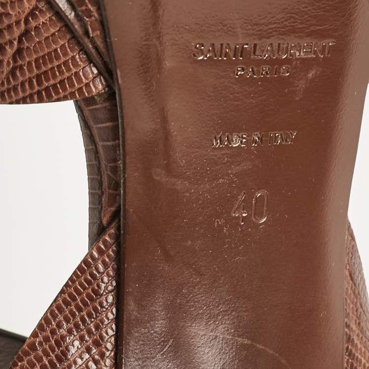 Pre Owned Yves Saint Laurent Brown Lizard Embossed Leather Tribute Ankle Strap Sandals Size 40