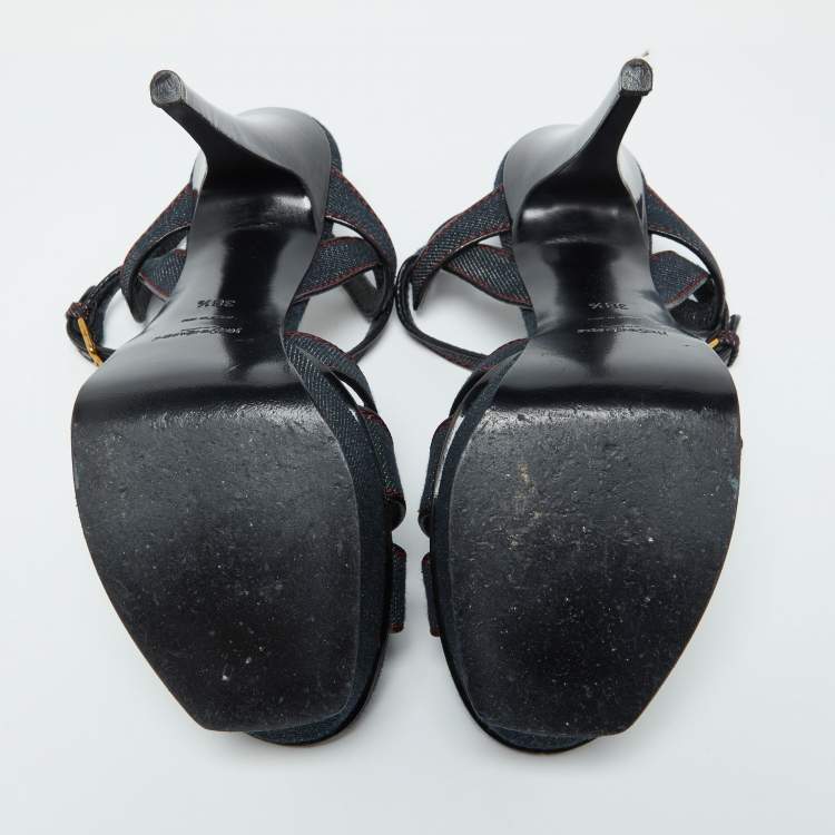 Pre Owned Yves Saint Laurent Blue Denim and Leather Platform Sandals Size 38.5