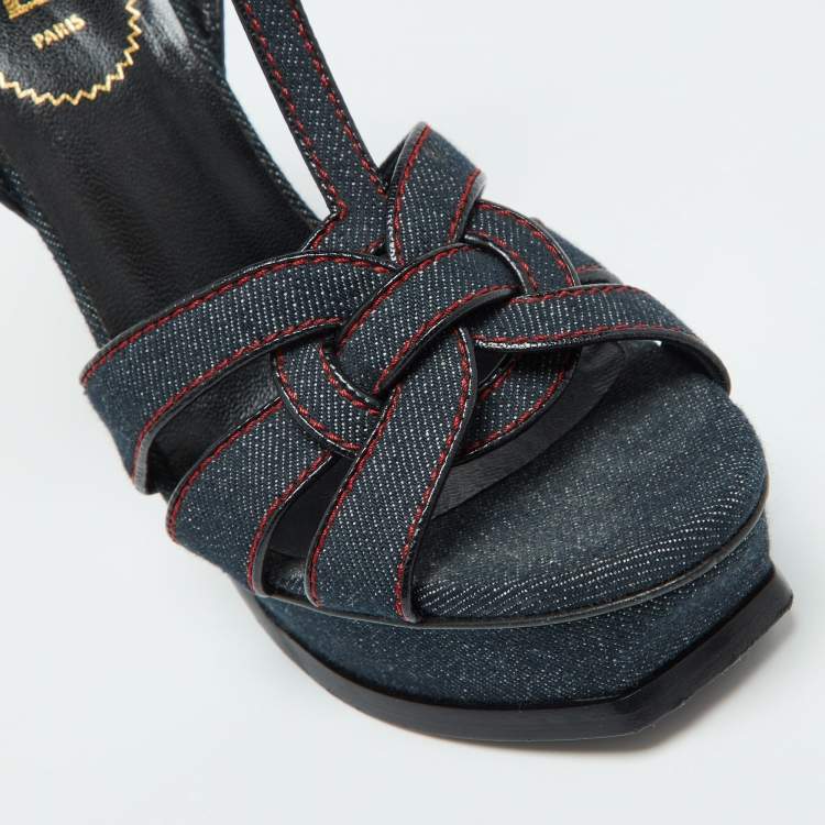 Pre Owned Yves Saint Laurent Blue Denim and Leather Platform Sandals Size 38.5