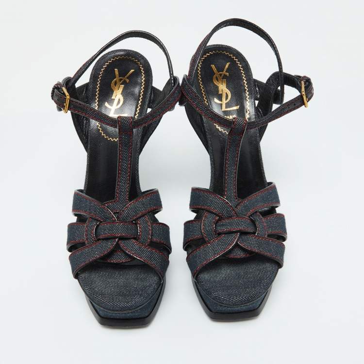 Pre Owned Yves Saint Laurent Blue Denim and Leather Platform Sandals Size 38.5