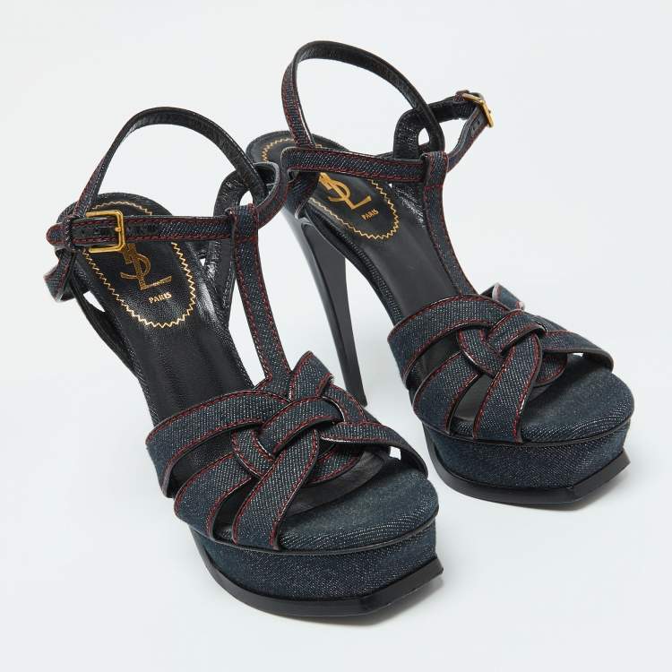 Pre Owned Yves Saint Laurent Blue Denim and Leather Platform Sandals Size 38.5