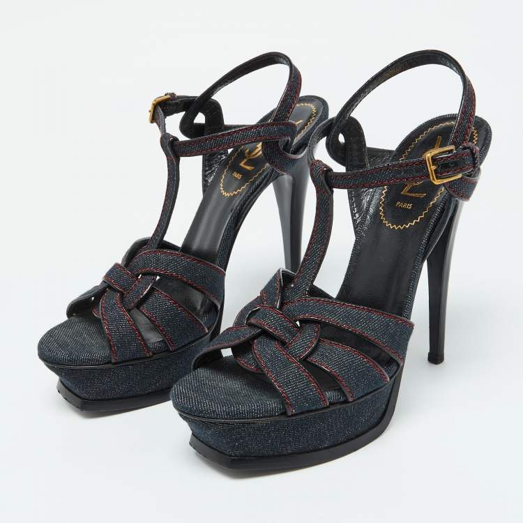 Pre Owned Yves Saint Laurent Blue Denim and Leather Platform Sandals Size 38.5