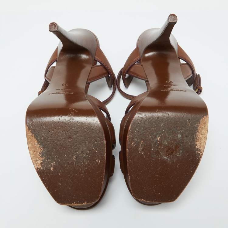 Pre Owned Yves Saint Laurent Brown Leather Tribute Platform Sandals Size 38