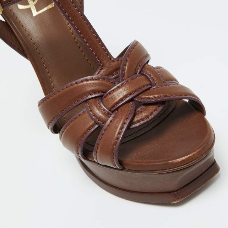 Pre Owned Yves Saint Laurent Brown Leather Tribute Platform Sandals Size 38