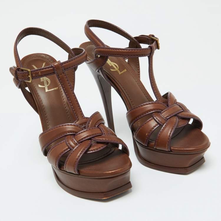Pre Owned Yves Saint Laurent Brown Leather Tribute Platform Sandals Size 38