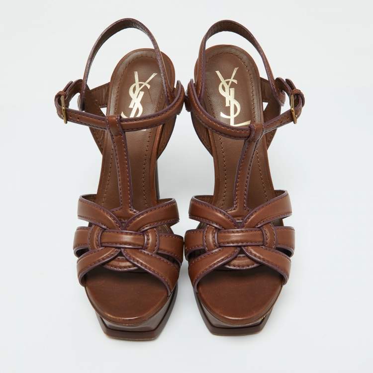 Pre Owned Yves Saint Laurent Brown Leather Tribute Platform Sandals Size 38