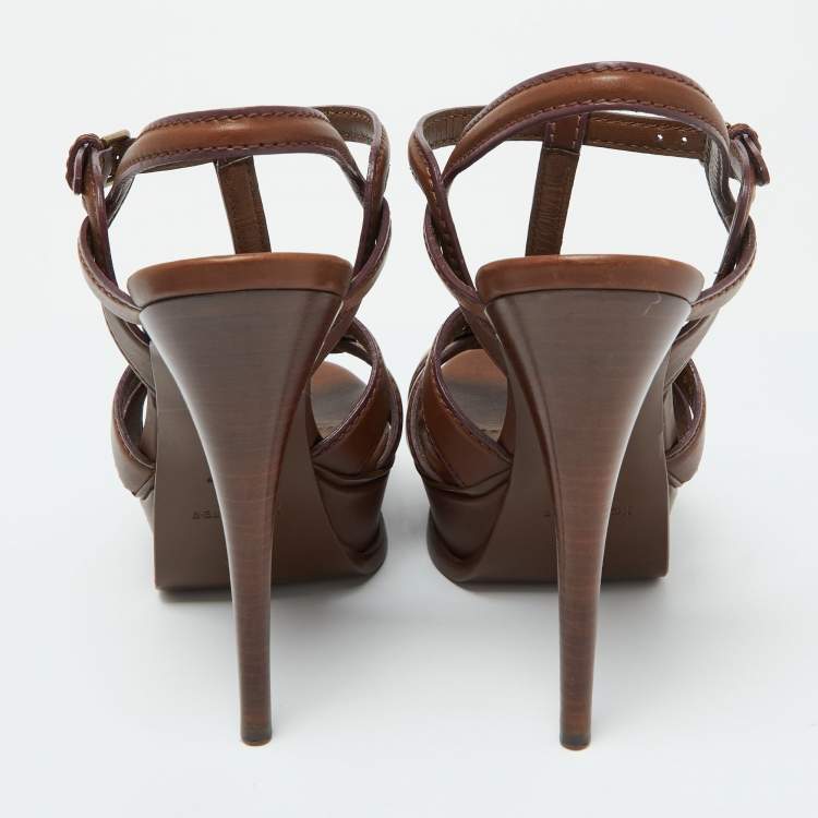 Pre Owned Yves Saint Laurent Brown Leather Tribute Platform Sandals Size 38