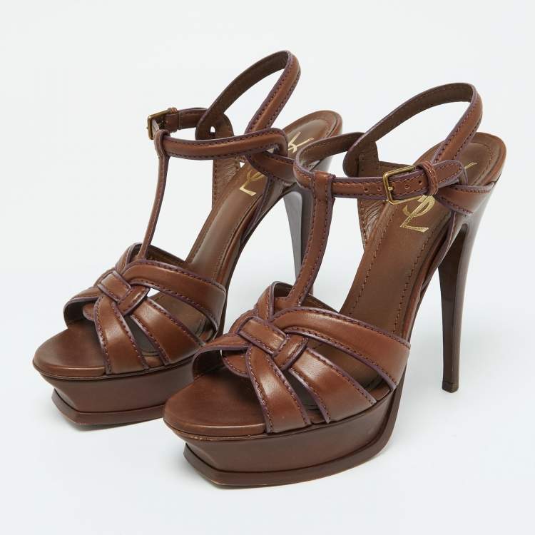 Pre Owned Yves Saint Laurent Brown Leather Tribute Platform Sandals Size 38