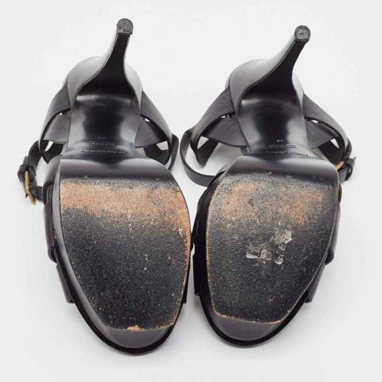 Pre Owned Yves Saint Laurent Black Leather Tribute Ankle Strap Sandals Size 37